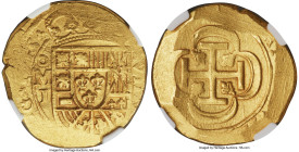 Philip V gold Cob "1715 Fleet" 8 Escudos 1715 Mo-J AU58 NGC, Mexico City mint, KM57.2, Cal-2214, Onza-398 (Extremely Rare). 27gm. From the 1715 Plate ...