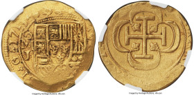 Philip V gold Cob "1715 Fleet" 8 Escudos 1715 Mo-J AU55 NGC, Mexico City mint, KM57.2, Cal-2214, Onza-398 (Extremely Rare). 26.80gm. Plain tressures v...