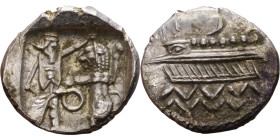 PHOENICIA: Sidon (4th century BC) Ar Obol Obverse: Galley l.; legend in Phoenician, Reverse. Persian king battling lion

10mm 0.71g