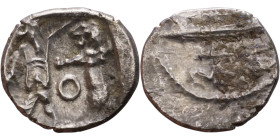PHOENICIA: Sidon (4th century BC) Ar Obol Obverse: Galley l.; legend in Phoenician, Reverse. Persian king battling lion

9mm 0.65g