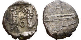PHOENICIA: Sidon (4th century BC) Ar Obol Obverse: Galley l.; legend in Phoenician, Reverse. Persian king battling lion

10mm 0.89g