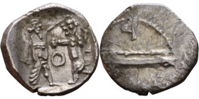 PHOENICIA: Sidon (4th century BC) Ar Obol Obverse: Galley l.; legend in Phoenician, Reverse. Persian king battling lion

10mm 0.88g