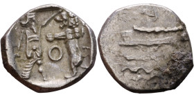 PHOENICIA: Sidon (4th century BC) Ar Obol Obverse: Galley l.; legend in Phoenician, Reverse. Persian king battling lion

10mm 0.94g