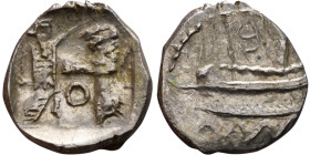PHOENICIA: Sidon (4th century BC) Ar Obol Obverse: Galley l.; legend in Phoenician, Reverse. Persian king battling lion

9mm 0.70g