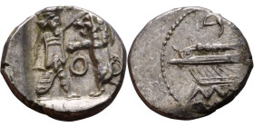 PHOENICIA: Sidon (4th century BC) Ar Obol Obverse: Galley l.; legend in Phoenician, Reverse. Persian king battling lion

10mm 0.89g