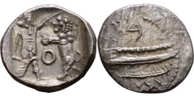 PHOENICIA: Sidon (4th century BC) Ar Obol Obverse: Galley l.; legend in Phoenician, Reverse. Persian king battling lion

10mm 0.86g
