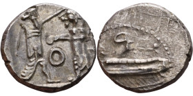 PHOENICIA: Sidon (4th century BC) Ar Obol Obverse: Galley l.; legend in Phoenician, Reverse. Persian king battling lion

10mm 0.82g