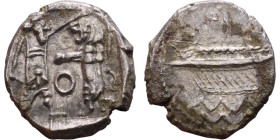 PHOENICIA: Sidon (4th century BC) Ar Obol Obverse: Galley l.; legend in Phoenician, Reverse. Persian king battling lion

9mm 0.84g