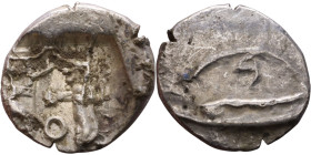 PHOENICIA: Sidon (4th century BC) Ar Obol Obverse: Galley l.; legend in Phoenician, Reverse. Persian king battling lion

10mm 0.76g