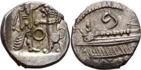 PHOENICIA: Sidon (4th century BC) Ar Obol Obverse: Galley l.; legend in Phoenician, Reverse. Persian king battling lion

9mm 0.73g
