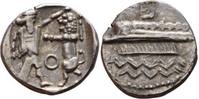 PHOENICIA: Sidon (4th century BC) Ar Obol Obverse: Galley l.; legend in Phoenician, Reverse. Persian king battling lion

10mm 0.75g