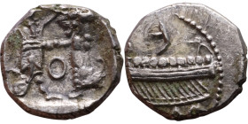 PHOENICIA: Sidon (4th century BC) Ar Obol Obverse: Galley l.; legend in Phoenician, Reverse. Persian king battling lion

9mm 0.78g