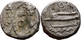 PHOENICIA: Sidon (4th century BC) Ar Obol Obverse: Galley l.; legend in Phoenician, Reverse. Persian king battling lion

9mm 0.91g