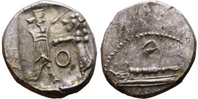 PHOENICIA: Sidon (4th century BC) Ar Obol Obverse: Galley l.; legend in Phoenician, Reverse. Persian king battling lion

9mm 0.89g