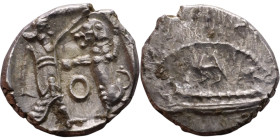 PHOENICIA: Sidon (4th century BC) Ar Obol Obverse: Galley l.; legend in Phoenician, Reverse. Persian king battling lion

9mm 0.72g