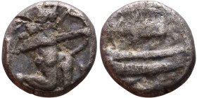 PHOENICIA: Sidon (4th century BC) Ar Obol Obverse: Galley l.; legend in Phoenician, Reverse. Persian king battling lion

8mm 0.88g