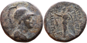Syria: Apameia ad Orontem Semi-autonomous issue. (I Century BC) Bronze coin. Obv: Head of Athena right, in crested Attic helmet Reverse: Nike standing...