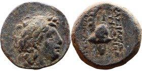 Tryphon (Seleukid King: 142-138 BC). AE bronze. Obv.: Diademed bust of Tryphonos right. Rev: Macedonian helmet decorated with spike and Ibex horn, apl...