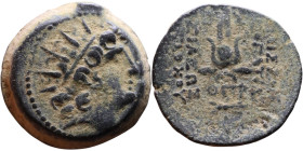 Antiochus VIII Epiphanes (Seleukid King: 121-96 BC). AE bronze. Obv.: Radiate head of Antiochus VIII right. Rev.: Isis headdress

18mm 5.72g
