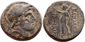Aleksander I Balas (Seleukid King: 150 BC-145 BC) Bronze Obv: Head of Alexander I right in crested Boeotian helmet Rev: Nike standing left holding wre...