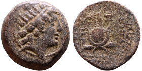 Antiochus VIII Epiphanes (Seleukid King: 121-96 BC). AE bronze. Obv.: Radiate head of Antiochus VIII right. Rev.: Isis headdress

17mm 5.00g