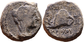 Antiochus IV Epiphanes (Seleukid King: 175-172 BC). AE bronze. Obv.: Veiled, diademed bust of Laodice IV right Rev.: Elephant head left, to r. Tripod...