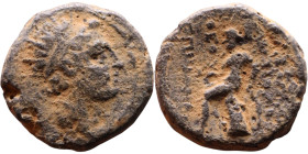 Antiochus VII Sidetes (Seleukid King: 138-129 BC ) Bronze Obv: Radiate, diademed head of King Rev: Apollo seated left on omphalos, testing arrow and r...