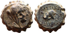 Antiochus IV Epiphanes (Seleukid King: 175-172 BC). AE bronze. Obv.: Veiled, diademed bust of Laodice IV right Rev.: Elephant head left, to r. Tripod...