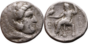 Alexander III (336-323 BC) Tetradrachm Obverse: Head of Herakles to right, wearing lion skin headdress Rev: Zeus seated left on low throne, holding lo...