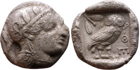 ATTICA, Athens. Circa 454-404 BC. AR Tetradrachm Obverse: Head of Athena right, with frontal eye, wearing earring, necklace, and crested Attic helmet ...