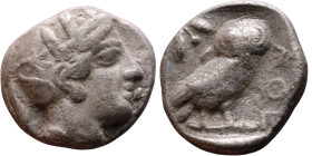 ATTICA, Athens. Circa 454-404 BC. AR Tetradrachm Obverse: Head of Athena right, with frontal eye, wearing earring, necklace, and crested Attic helmet ...