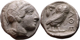 ATTICA, Athens. Circa 454-404 BC. AR Tetradrachm Obverse: Head of Athena right, with frontal eye, wearing earring, necklace, and crested Attic helmet ...