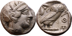 ATTICA, Athens. Circa 454-404 BC. AR Tetradrachm Obverse: Head of Athena right, with frontal eye, wearing earring, necklace, and crested Attic helmet ...