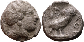 ATTICA, Athens. Circa 454-404 BC. AR Tetradrachm Obverse: Head of Athena right, with frontal eye, wearing earring, necklace, and crested Attic helmet ...