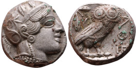 ATTICA, Athens. Circa 454-404 BC. AR Tetradrachm Obverse: Head of Athena right, with frontal eye, wearing earring, necklace, and crested Attic helmet ...