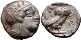 ATTICA, Athens. Circa 454-404 BC. AR Tetradrachm Obverse: Head of Athena right, with frontal eye, wearing earring, necklace, and crested Attic helmet ...