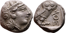 ATTICA, Athens. Circa 454-404 BC. AR Tetradrachm Obverse: Head of Athena right, with frontal eye, wearing earring, necklace, and crested Attic helmet ...