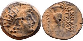 Antiochus VI Dionysos (Seleukid King: 145-141 BC). AE bronze. Obv: Radiate and diademed head Rev: Amphora; palm to right

Artificial sand patina

...