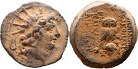 Antiochus VIII Epiphanes (Seleukid King: 121-96 BC). AE bronze. Obv.: Radiate head of Antiochus VIII right. Rev.: Owl, looking forward, standing right...