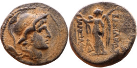 Aleksander I Balas (Seleukid King: 150 BC-145 BC) Bronze Obv: Head of Alexander I right in crested Boeotian helmet Rev: Nike standing left holding wre...