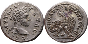 Caracalla (211-217) Tetradrachm. Obverse: Bust of emperor. Reverse: Eagle standing left, head right, wreath in beak, tail right, wings spread

28mm ...