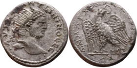 Caracalla (211-217) Tetradrachm. Obverse: Bust of emperor. Reverse: Eagle standing left, head right, wreath in beak, tail right, wings spread

26mm ...