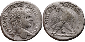 Caracalla (211-217) Tetradrachm. Obverse: Bust of emperor. Reverse: Eagle standing left, head right, wreath in beak, tail right, wings spread

26mm ...