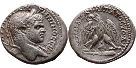 Caracalla (211-217) Tetradrachm. Obverse: Bust of emperor. Reverse: Eagle standing left, head right, wreath in beak, tail right, wings spread

27mm ...