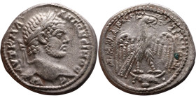 Caracalla (211-217) Tetradrachm. Obverse: Bust of emperor. Reverse: Eagle standing left, head right, wreath in beak, tail right, wings spread

28mm ...