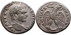 Caracalla (211-217) Tetradrachm. Obverse: Bust of emperor. Reverse: Eagle standing left, head right, wreath in beak, tail right, wings spread

26mm ...