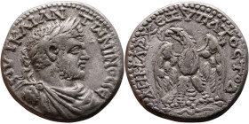 Caracalla (211-217) Tetradrachm. Obverse: Bust of emperor. Reverse: Eagle standing left, head right, wreath in beak, tail right, wings spread

25mm ...