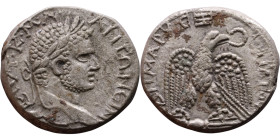 Caracalla (211-217) Tetradrachm. Obverse: Bust of emperor. Reverse: Eagle standing left, head right, wreath in beak, tail right, wings spread

26mm ...