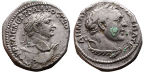 Trajan (98-117) Tetradrachm Obv: Laureate head right supported by eagle standing right Rev: Laureate bust of Melqart right draped in lion skin knotted...