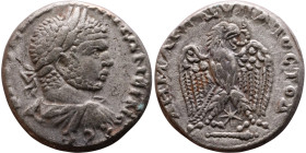 Caracalla (211-217) Tetradrachm. Obverse: Bust of emperor. Reverse: Eagle standing left, head right, wreath in beak, tail right, wings spread

24mm ...